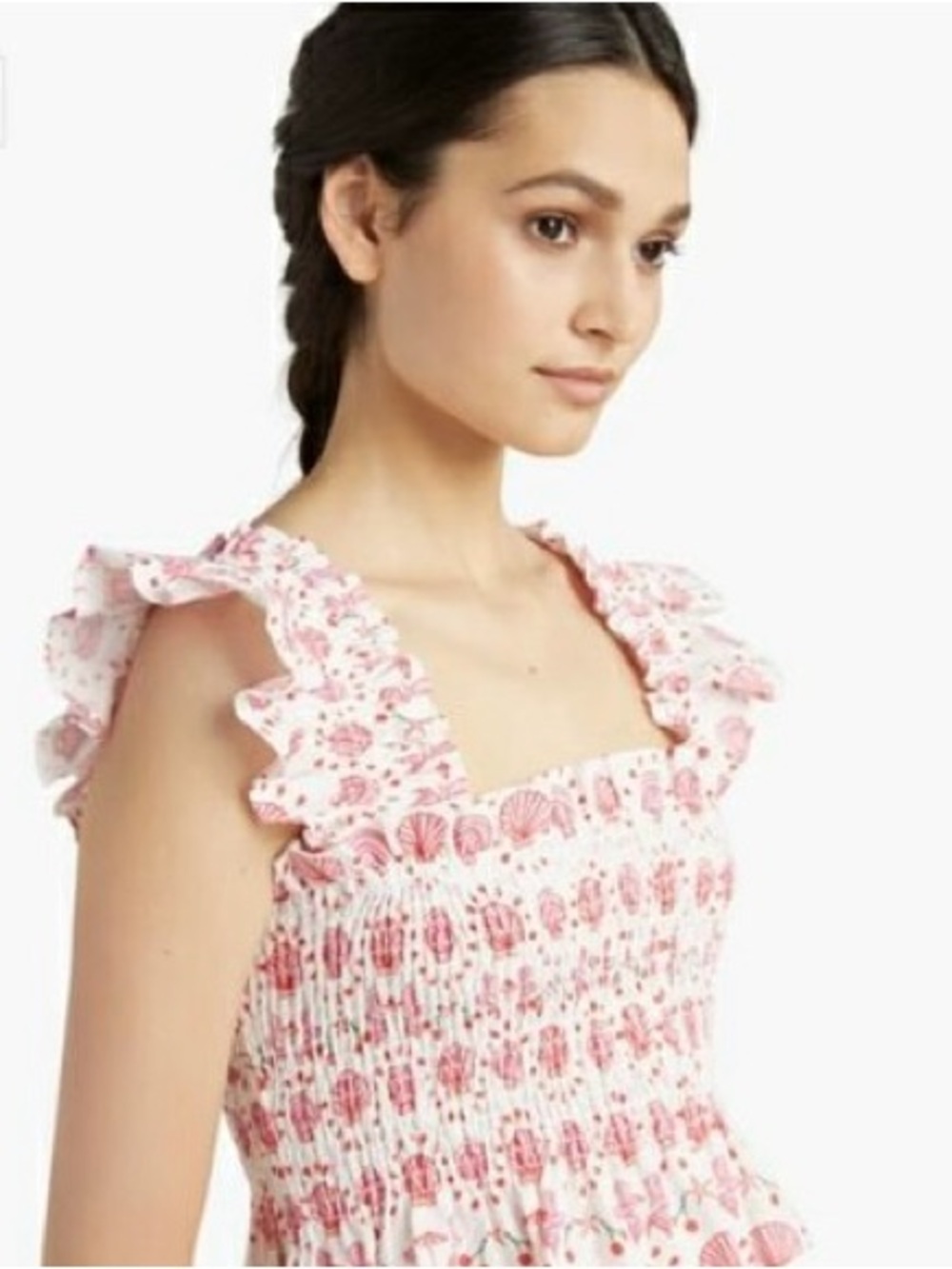 Hill House Ellie Nap Dress Coastal Cottagecore Pink Shell Print Smocked Midi S